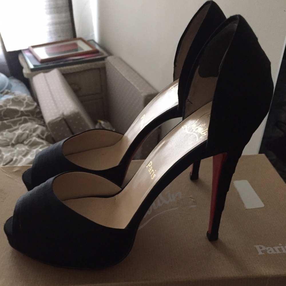 Louboutin satin crepe peep toe heels